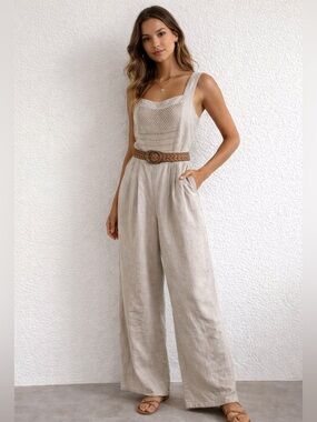 Nanette Lepore Linen Wide Leg Jumpsuit Crochet Bib Suspender Pants Neutral Boho